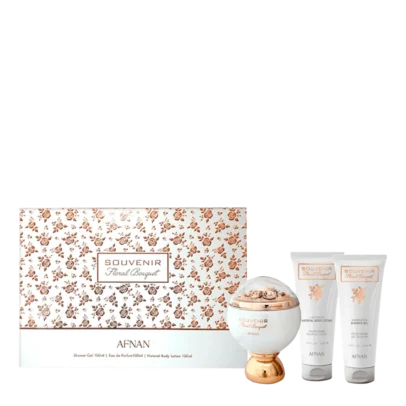 Kit Afnan Souvenir Floral Bouquet Eau de Parfum Perfume 100ml + Hidratante 100ml + Gel de Banho 100ml